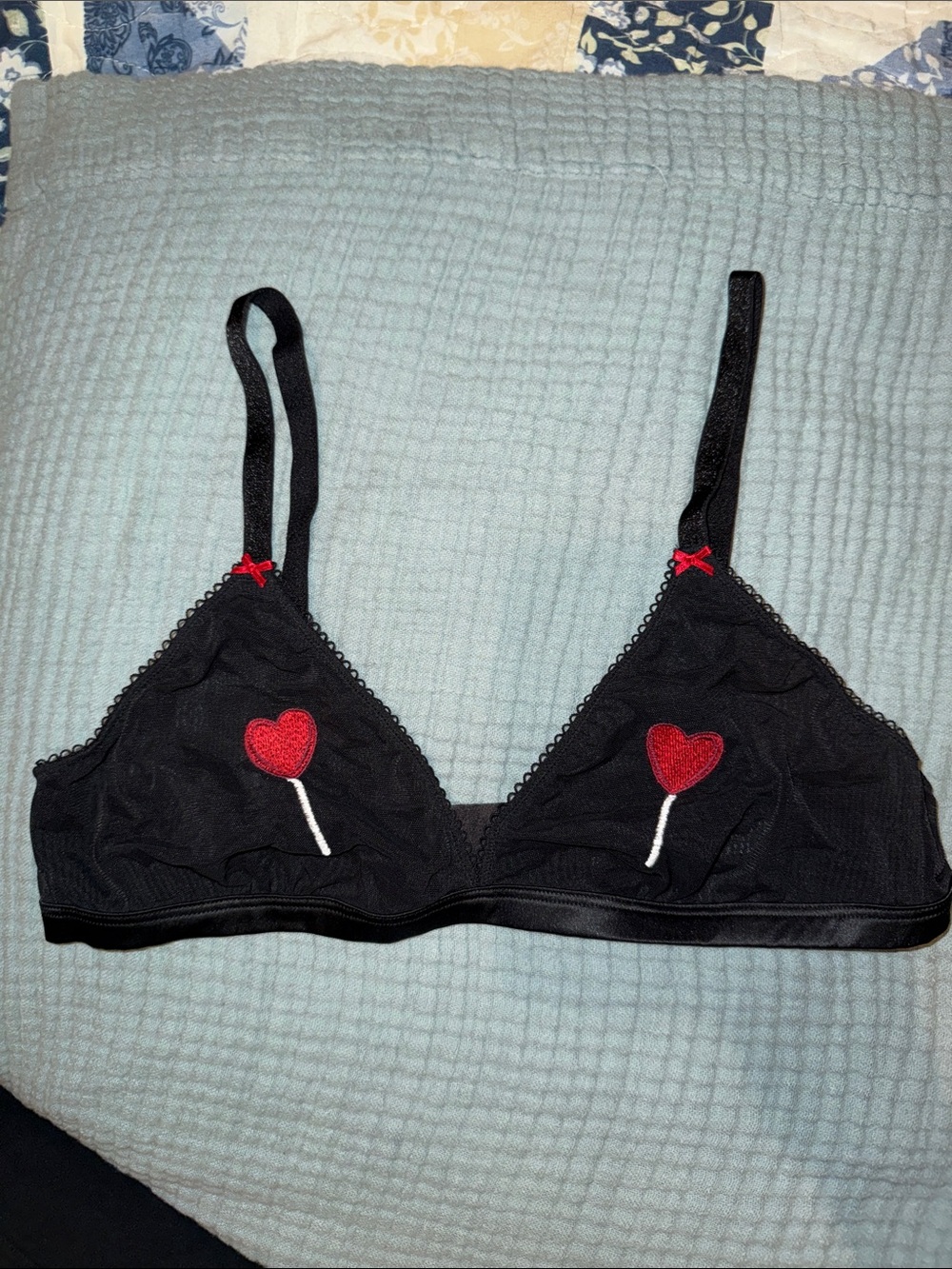 Victoria's Secret Black Triangle Bralette with Red Heart Appliqués